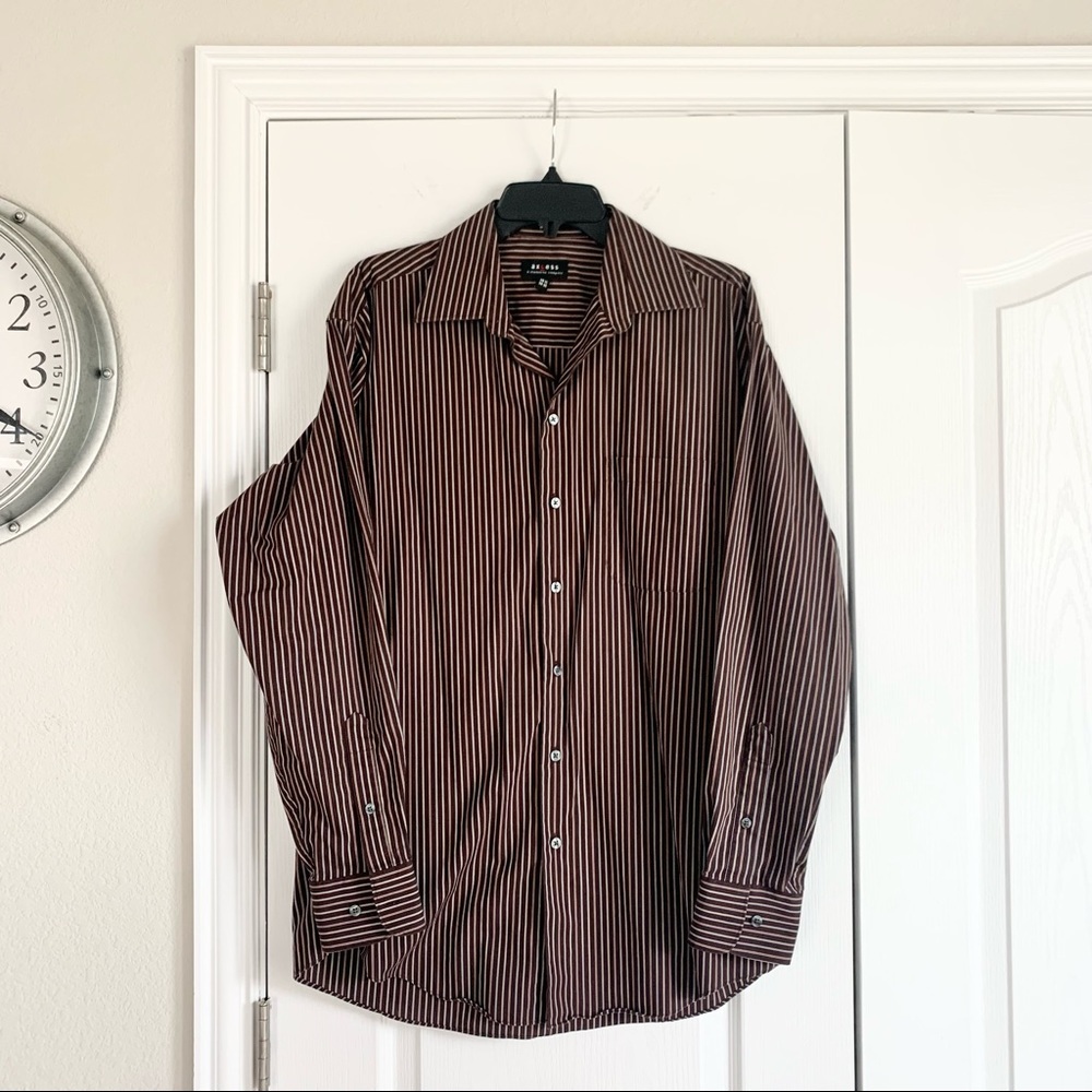 Axcess Mens Striped Button Down Shirt Size 15.5 34 35 Brown Tan Cotton Long